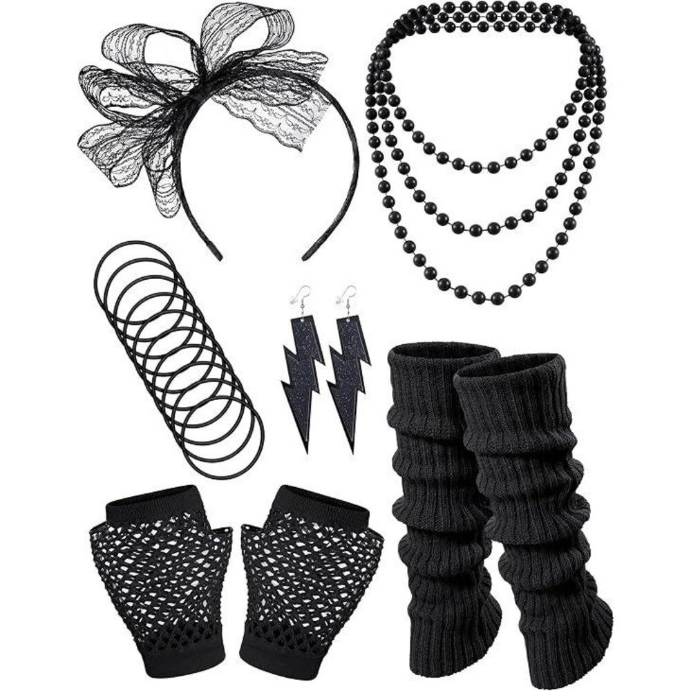80S Fancy Dress Party Outfit Costume Accessories - One Size,  BLACK